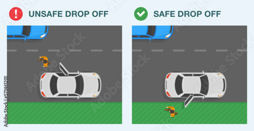 Safe car driving tips and traffic regulation rules. Safe and unsafe drop off. Passenger exits car from the driver and passenger side. Flat vector illustration template.