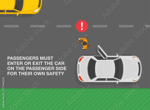 Safe car driving tips and traffic regulation rules. Unsafe and wrong passenger drop off. Passengers must enter ox exit the car on the passenger side. Flat vector illustration template. photo