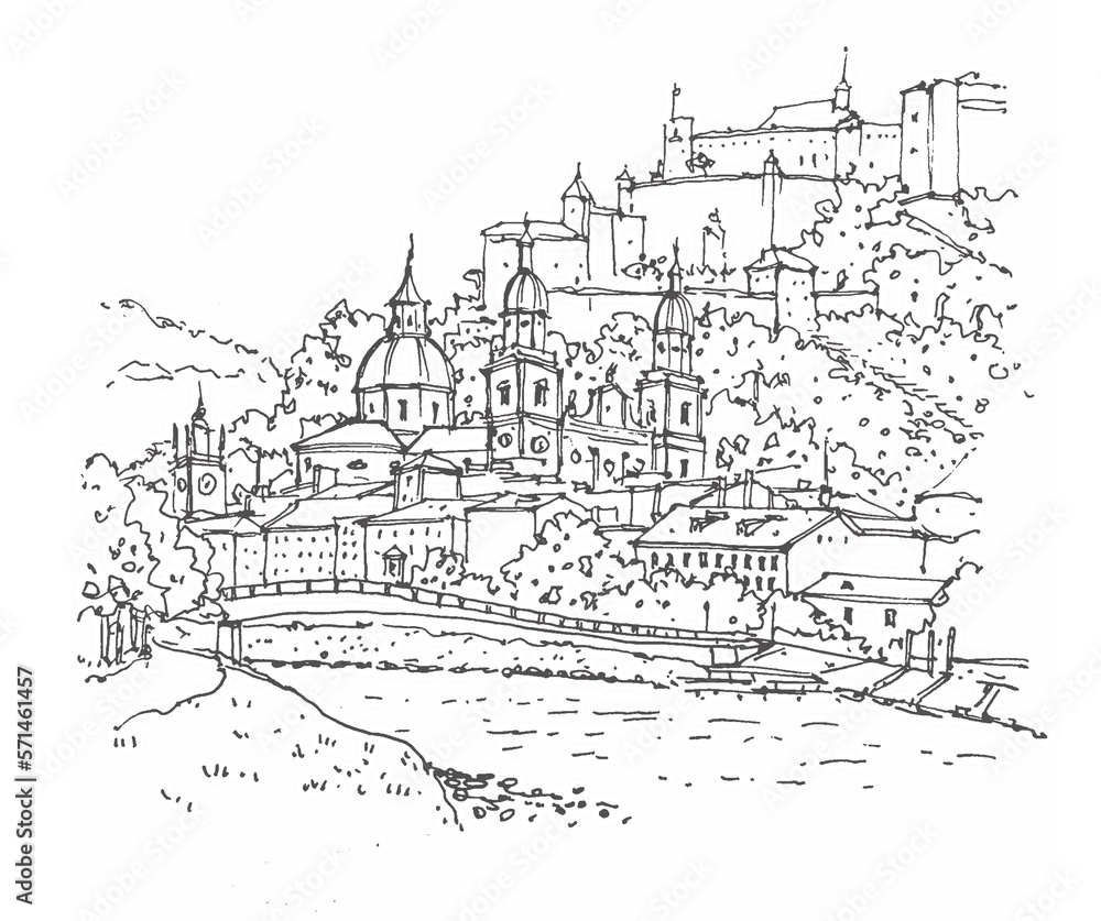 Sketch illustration, panorama of Salzburg, Austria, Europe. Freehand drawing. Sketchy lineart drawing with a pen on paper. Sketch in black color isolated on white background.