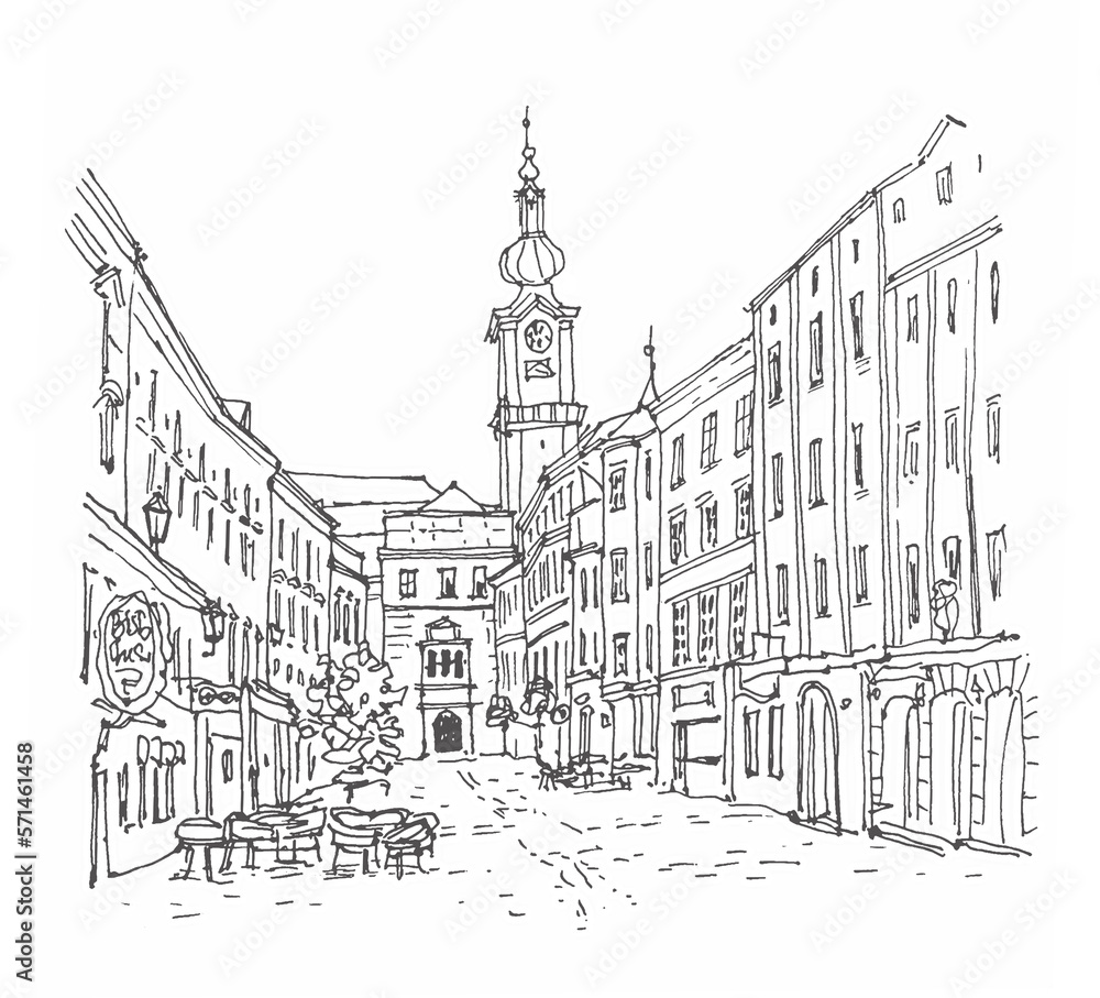 Travel sketch of Linz, Austria. Historical building line art. Freehand drawing. Hand drawn travel postcard. Hand drawing of Linz. Urban sketch in black color isolated on white background.