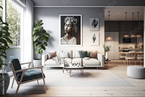 Fully furnished modern living room. Photo generative AI photo