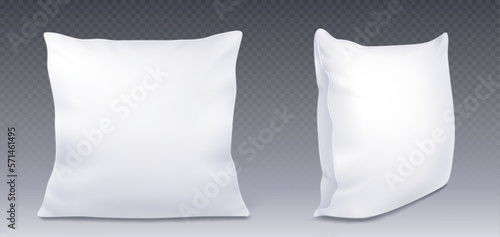 White square pillow realistic vector illustration. Cotton cushion mockup, top angle view, set isolated on transparent background, 3D soft blank fabric pad for sleeping