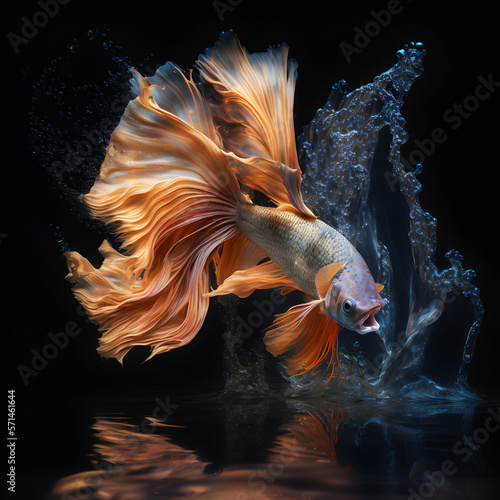 Painting-like of a siamese betta fighting fish showing it beautiful tail with water splashes on black background. Shallow depth of field. Created with generative AI technology.