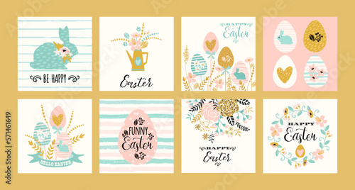 Happy Easter. Vector templates with lettering design and hand draw texture. Design for card, poster, flyer and other