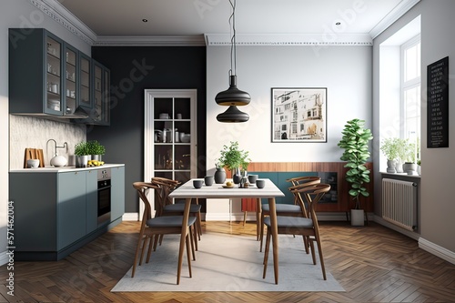 Modern Kitchen Design: Wooden Table and Chairs in a Dining Room Area - Amsterdam. Photo generative AI