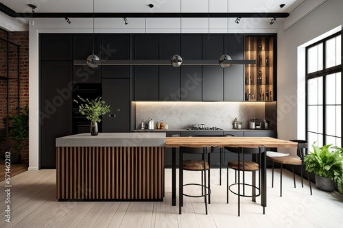 Luxurious Toronto Loft Kitchen: Modern Interior Design with Large Island and Bar Chairs. Photo generative AI