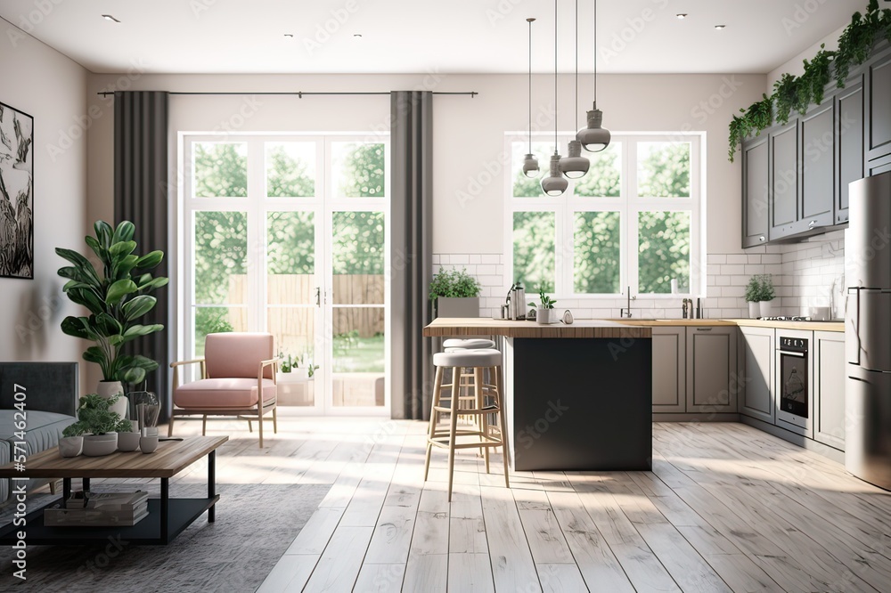 Fototapeta premium Side View Of Open Plan Kitchen With Living Room And Garden View. Photo generative AI