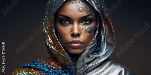 Edles und exklusives Make-Up in Gold Glitzer mit weiblichem Model aus Saudi Arabien für Porträt Fotos, ai generativ