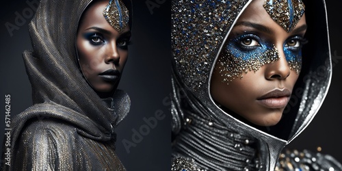Edles und exklusives Make-Up in Gold Glitzer mit weiblichem Model aus Saudi Arabien für Porträt Fotos, ai generativ