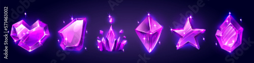 Game purple gemstone in shape of crown, star and heart. Magic jewel lilac crystal or diamond icons, amethyst treasure, royal precious gems. Fantasy cartoon gui trophy with texture, isolated set