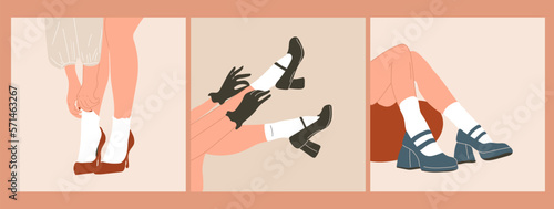 Set of three Female legs in stylish shoes with heels and lace socks in retro style. Fashion and style, clothing and accessories. Footwear.
