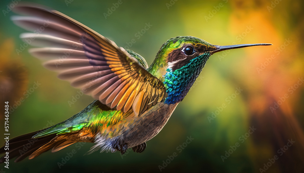 Obraz premium Flying hummingbird with green forest in background. Small colorful bird in flight. Post-processed generative AI