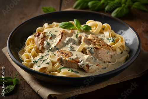 An Italian delight featuring a plate of fettuccine alfredo with tender chicken, Generative AI