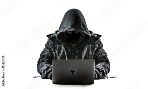 hacker in hoodie and  mask that hides his face works at laptop. PNG isolated on transparent background. Post-processed generative AI