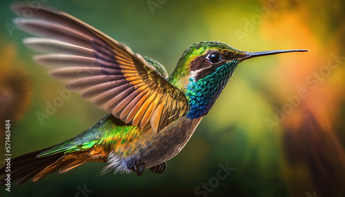 Flying hummingbird with green forest in background. Small colorful bird in flight. Post-processed generative AI  © Katynn