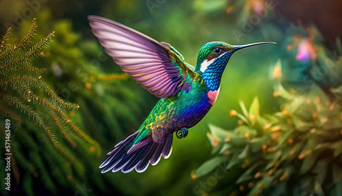 Foto Flying hummingbird with green forest in background