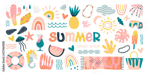 Summer elements with abstract pattern flat icons set. Flowers, bushes and leaves with colorful ornaments