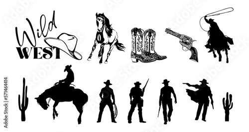 Wild west elements - cowboys, boots, hat, gun, horse, cactus silhouettes. Line art black and white monochrome illustrations on transparent background. PNG. Stickers.  photo