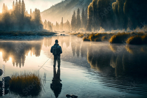 Outdoor fishing in river, Sport fisherman hunting fish. Ai Generative