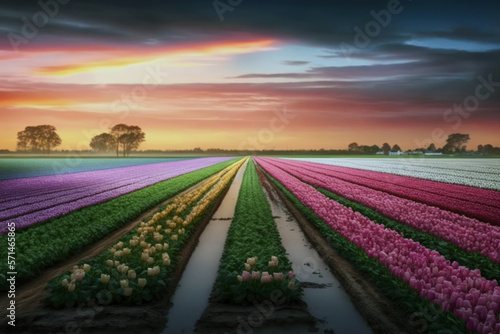 Field of tulips and sunrise sky. Tulips farm in Spring. Generative AI