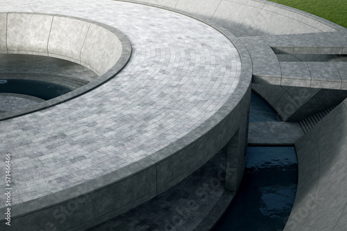 Empty curved concrete floor with water pool in top view. 3d rendering of abstract space background.