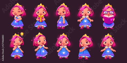 Cartoon set of cute princess character with different emotions isolated on black background. Vector illustration little queen in fancy dress, happy, surprised with gift, reading book, naughty, angry