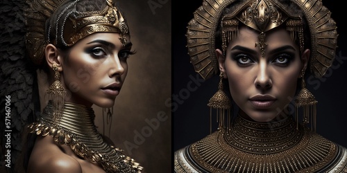 Edles und exklusives Kleopatra Make-Up in Gold Braun mit weiblichem Model für Porträt Fotos, ai generativ photo
