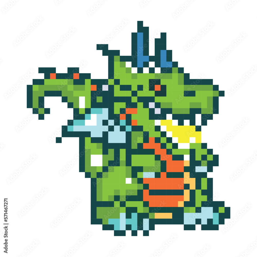 Pixel art flying dragon, dragon pixel illustration, Vector cartoon monster pixel design