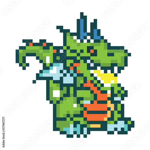 Pixel art flying dragon, dragon pixel illustration, Vector cartoon monster pixel design © saju