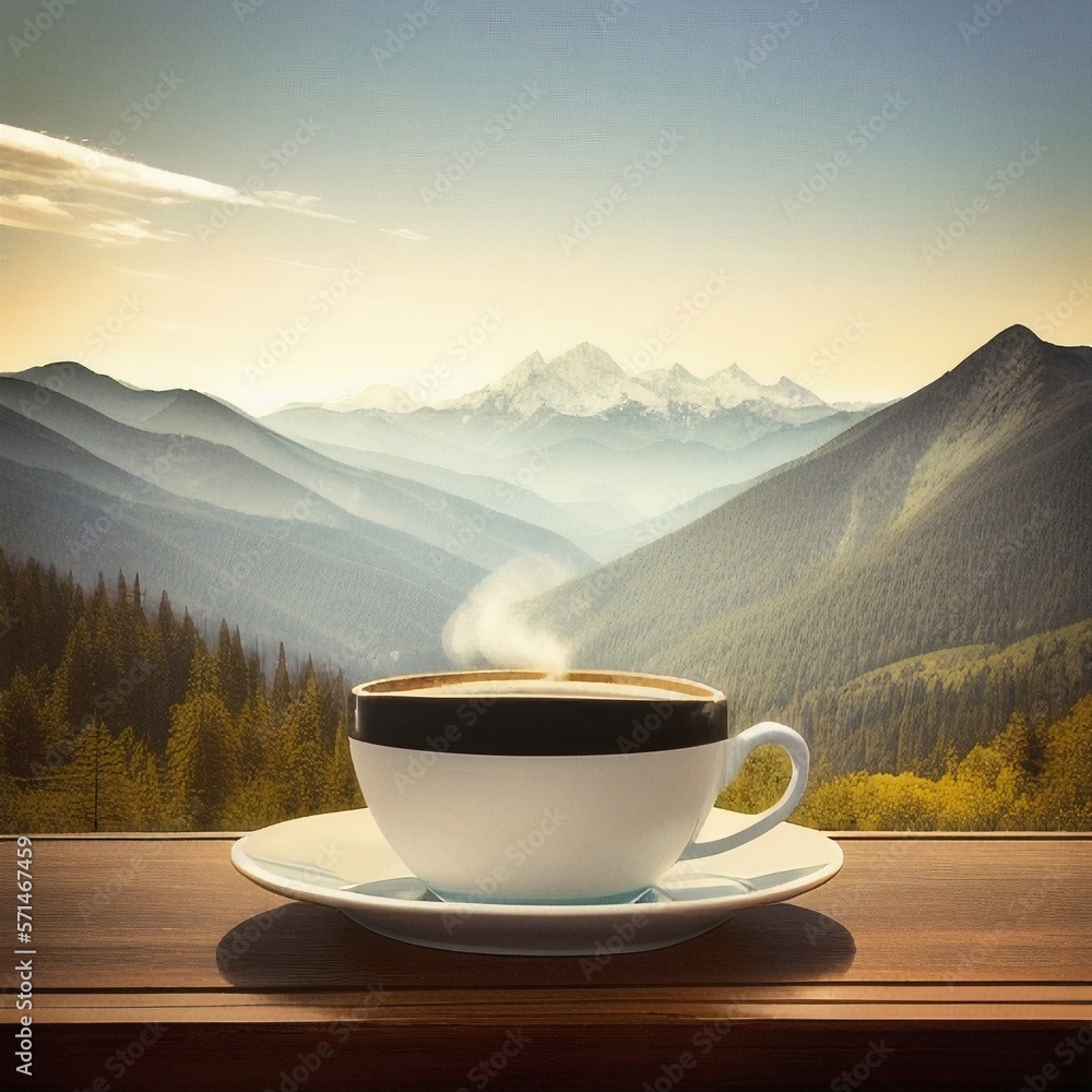 a cup of coffee on top of a wooden table next to a mountain view in the background, great advertising mockup, ai generetad a cup of coffee on top of a wooden table next to a mountain view in the background, great advertising mockup, ai generetad