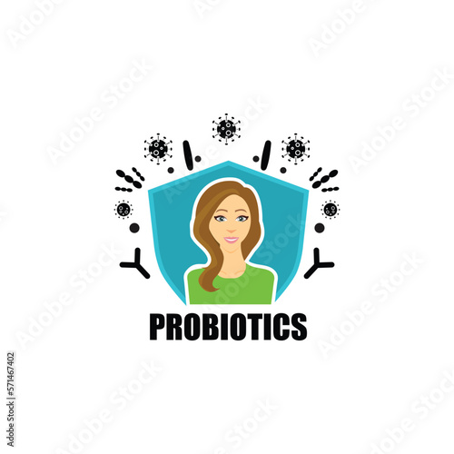 Probiotics health benefits vector illustration. Flat minimalistic icon about probiotic influence to human body. Woman portrait with immune system shield activated from bad bacteria.