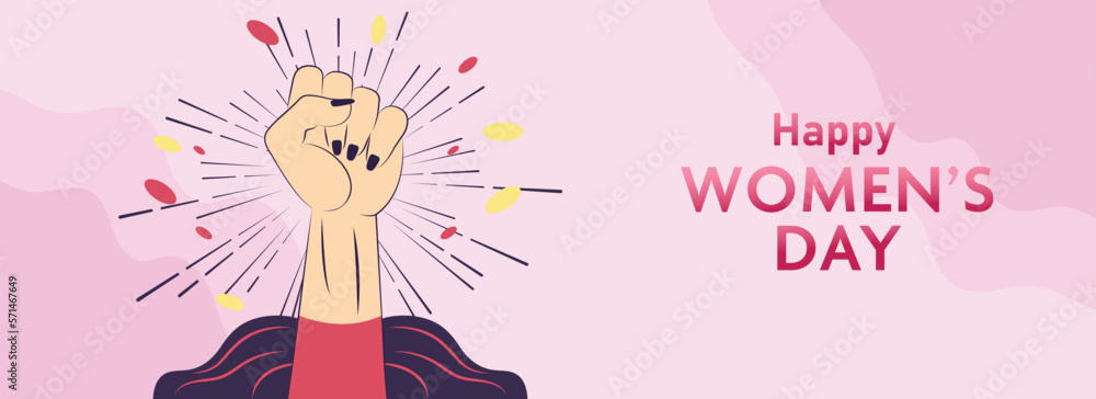 Pop Art Fist Raised Hand On Pink Fluid Background For Happy Women's Day Concept. Pop Art Fist Raised Hand On Pink Fluid Background For Happy Women's Day Concept.