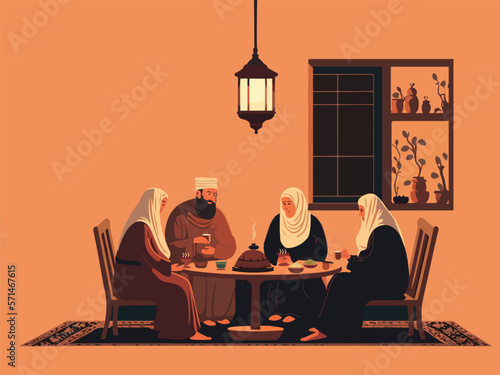 Vector Illustration of Muslim People Enjoying Delicious Meals At Dining Table. Islamic Religious Concept. photo