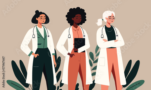 Three Female Doctor Or Nurse Character Against Leaves On Beige Background.