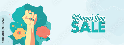 Women's Day Standee Poster Or Banner Design With Fist Raised Hand With Flowers.