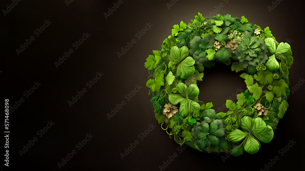 3D Render of Clover And Tropical Leaves Forming Wreath Against Dark Background. St. Patrick's Day Concept. 3D Render of Clover And Tropical Leaves Forming Wreath Against Dark Background. St. Patrick's Day Concept.