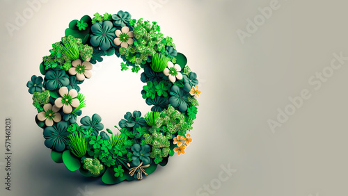 3D Render of Clover And Tropical Leaves Forming Wreath Against Gray Background. St. Patrick's Day Concept.