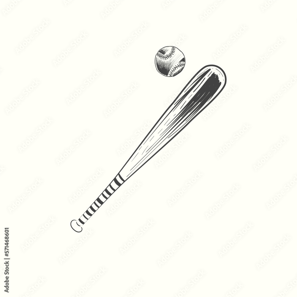 hand drawn baseball bat and ball vector illustration in black hand drawn baseball bat and ball vector illustration in black