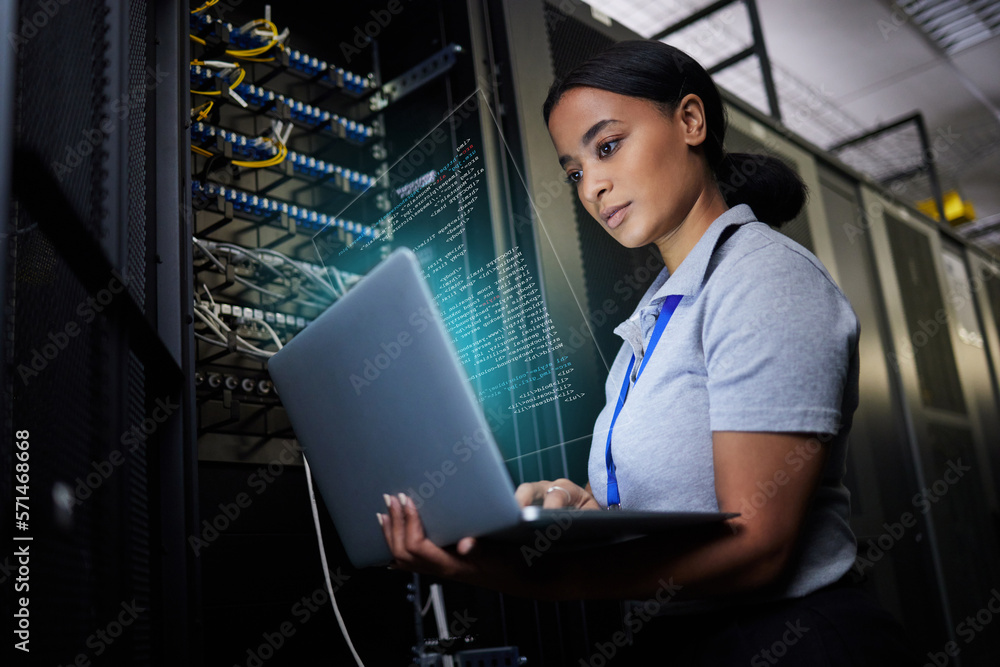 Laptop, network and data center with a black woman it support engineer working in a dark server room. Computer, cybersecurity and analytics with a female programmer problem solving or troubleshooting - obrazy, fototapety, plakaty 
