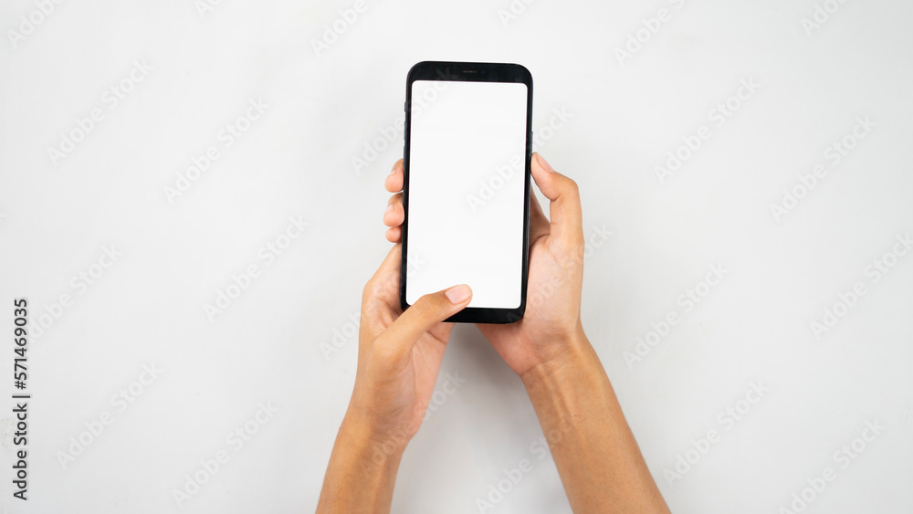 Two hand holding blank smartphone isolated