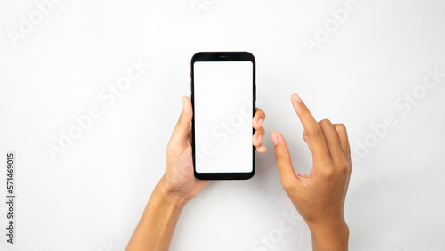Hand holding smartphone and pinch isolated