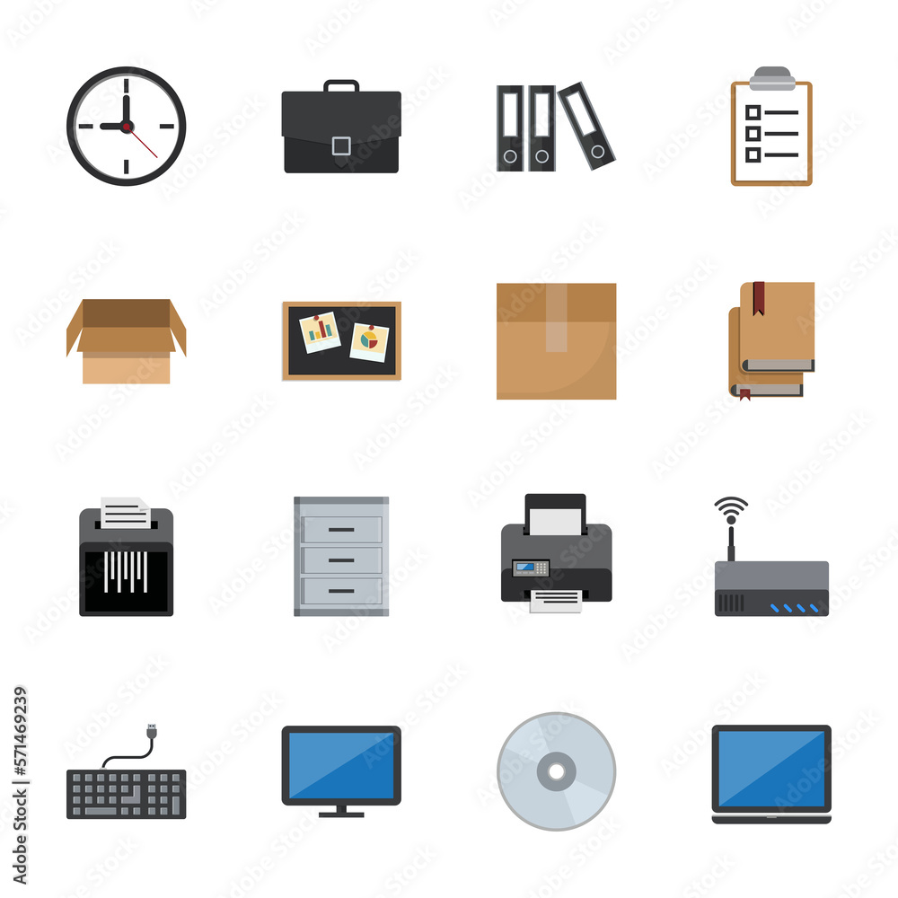 Business object and stationery icons set, Flat design icon