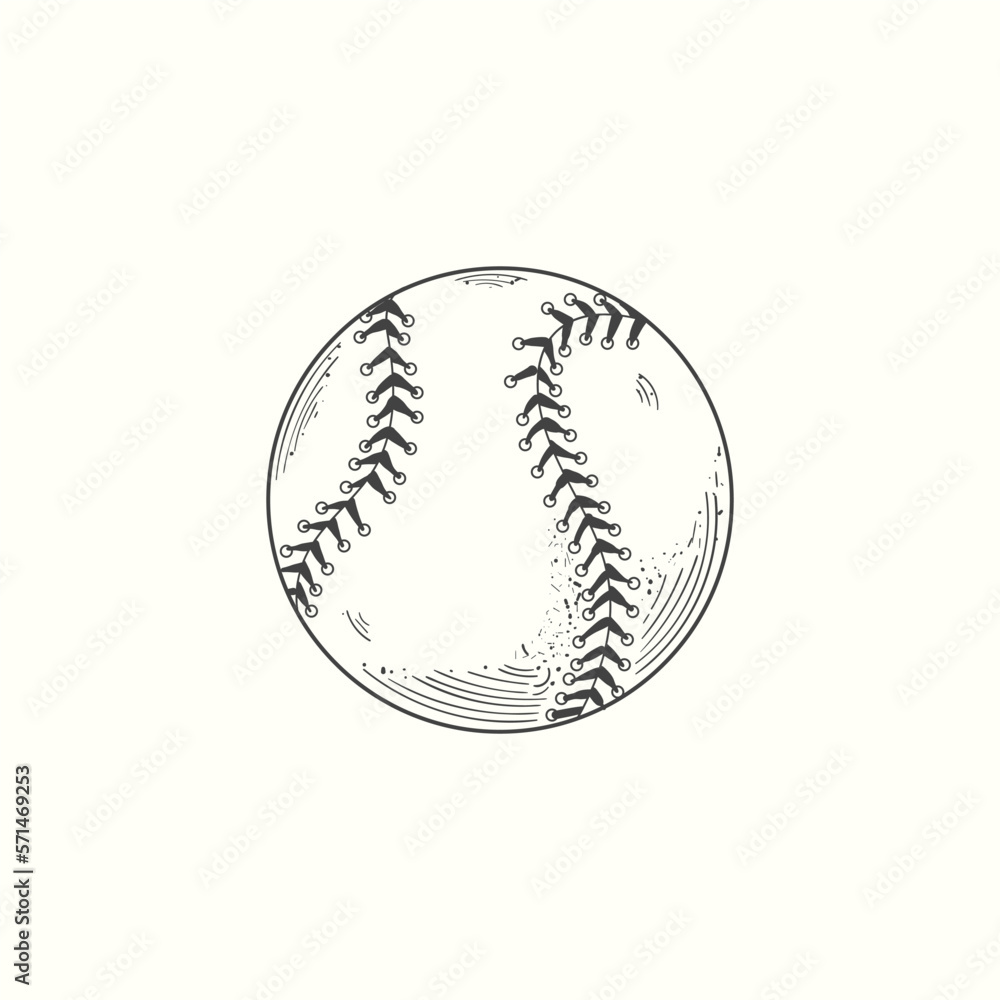 Baseball softball vector illustration in black. Detailed vintage style drawing