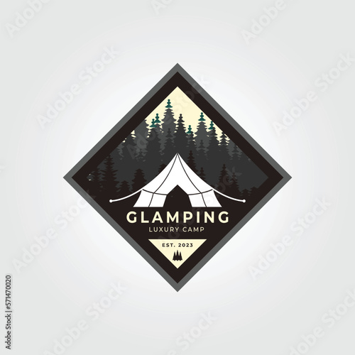 badge og glamping logo with pines tree background icon design illustration