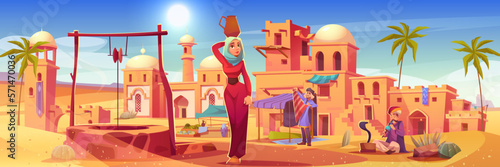 Ancient arab city with old houses and buildings in desert. Arabian town landscape with market, water well, mosque and woman with jug on head, vector cartoon illustration