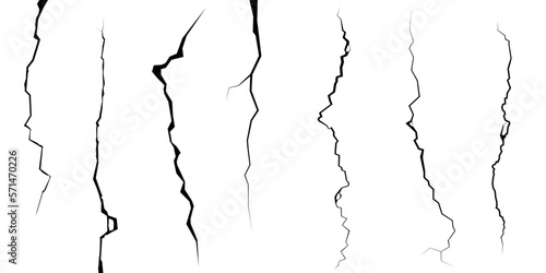 Surface cracks and fissures in ground, concrete, crevices from disaster top view. Breaks on land surface from earthquake isolated on white background. Broken ground, wall, glass pattern effect. Damage