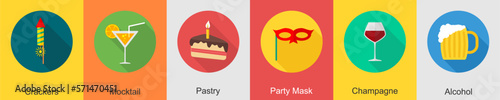 A set of 6 Party icons as crackers, mocktail, pastry