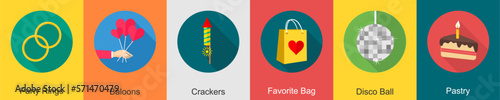 A set of 6 Party icons as party rings, balloons, crackers