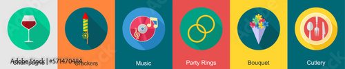 A set of 6 Party icons as champagne, crackers, music