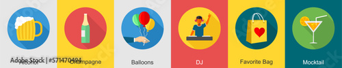 A set of 6 Party icons as alcohol, champagne, balloons